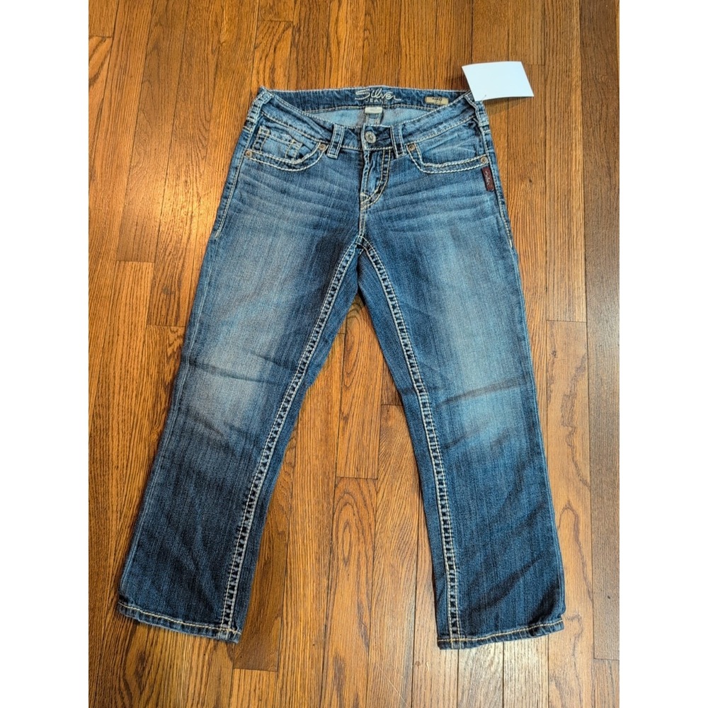 EUC Silver Jeans Co Womens Aiko Capri Low Rise Distress Jeans Sz 25 Dk Wash Crop